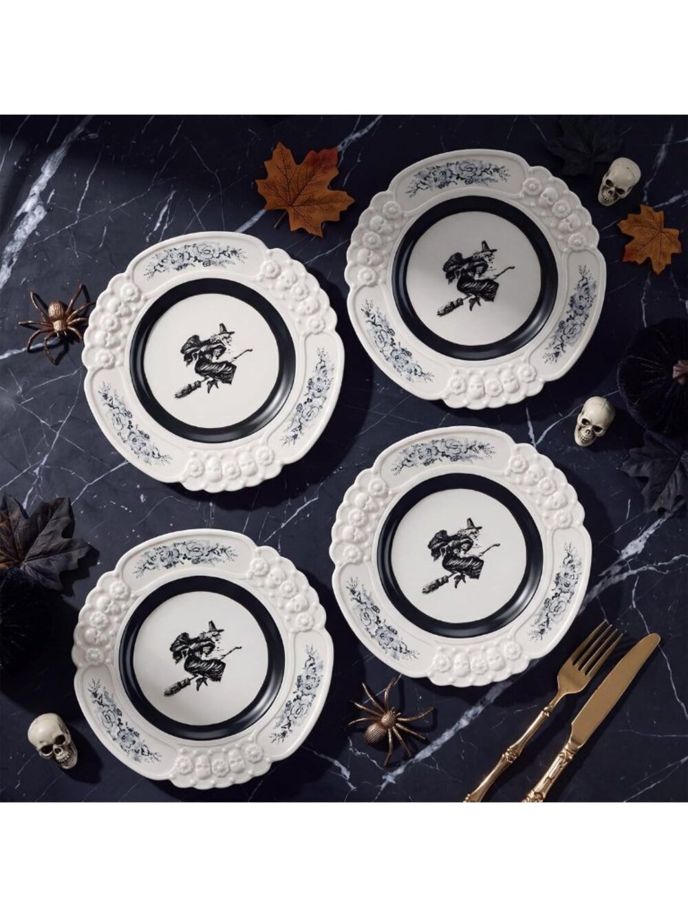 Vintage Halloween Witch Dinnerware Set - 4 Ceramic Plates for Parties & Decor